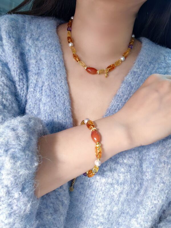 Necklace + Bracelet Set: Baltic Premium Golden Flower Amber + Brazilian 6A Pure Citrine, a Powerful Combination