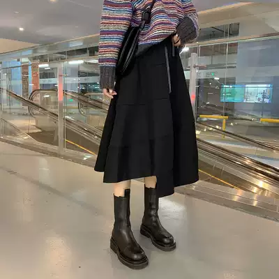 Black high-waist lace-up mid-length version of the a-line irregular profile tutu loose casual ins thin skirt female