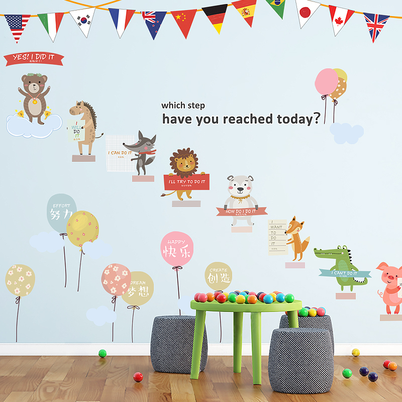 Kindergarten English classroom layout decoration inspirational wall stickers creative cartoon early education words children room stickers