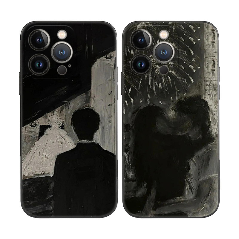 Cool and Dark Style Black and White Tone Niche Couple Kissing Wedding Dress Oil Painting Suitable for Iphone15 Promax/14 Plus Apple 13Pro Phone Case 12/11 Anti-Fall Soft and Hard Protective Cover