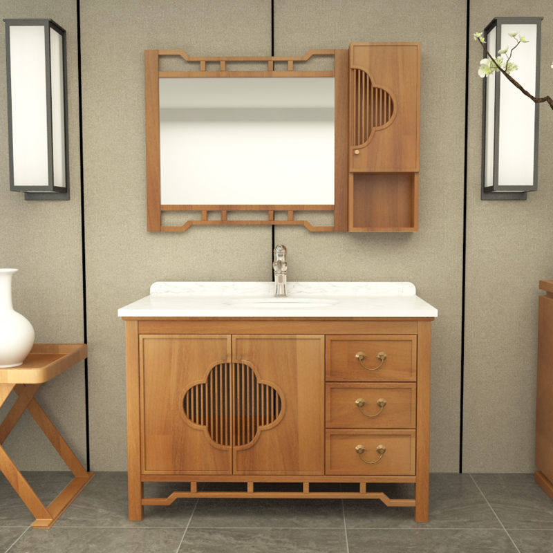 New Chinese style bathroom cabinet combination log color oak floor-standing solid wood cabinet washbasin marble bathroom cabinet