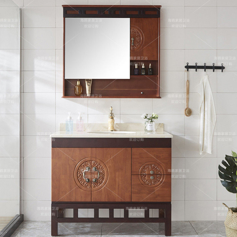 Oak Wood Bathroom Cabinet Ground New Chinese Bath Room Cabinet China Wind Marble Wash Pool Mix Hitch Color Storage Mirror Cabinet-Taobao