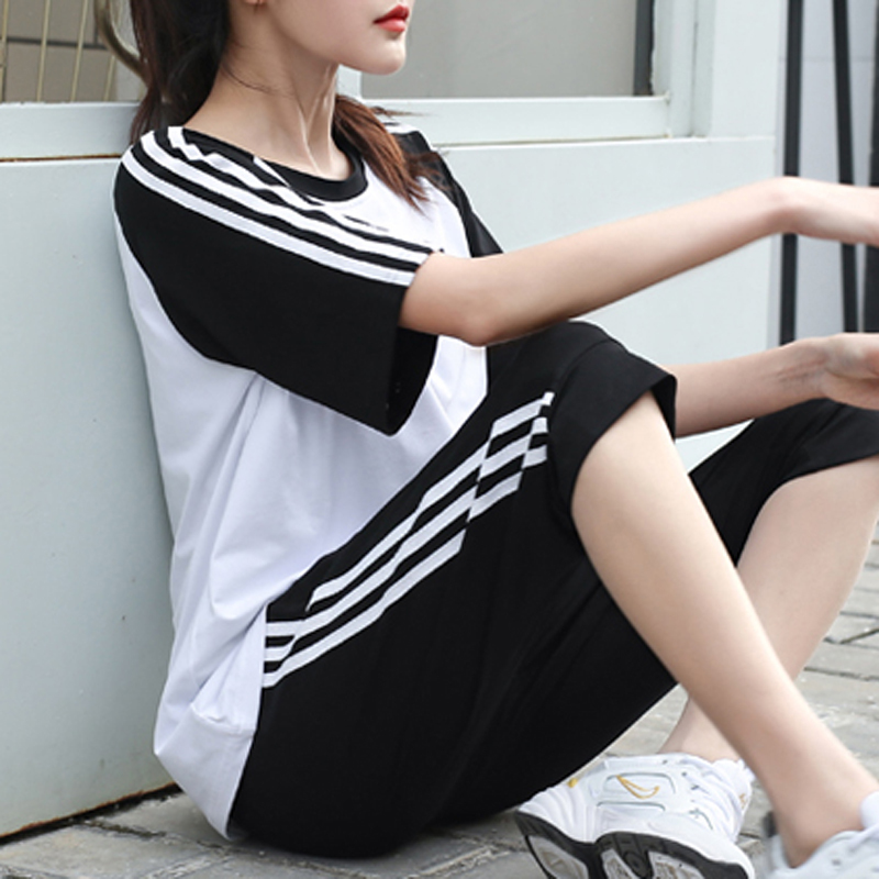 Sportswear Suit for Women, Summer Short-Sleeved Running Pants, Training Loose-Fitting Pure Cotton Fitness Morning Run Walking Badminton