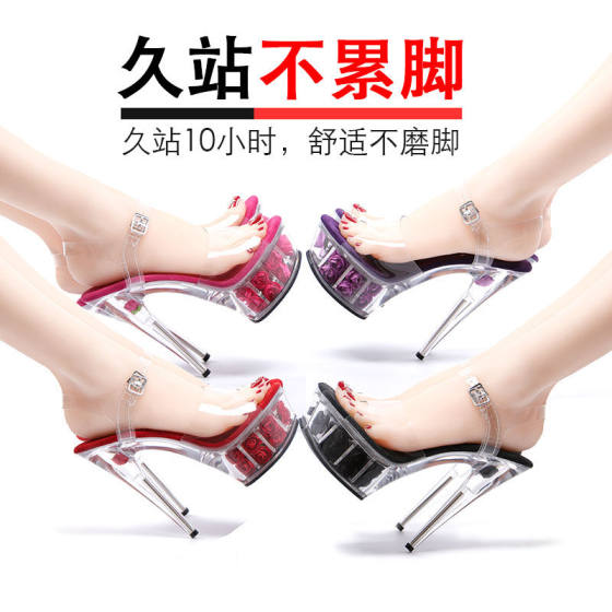 Pole dancing high heels women's stiletto heels 15cm transparent waterproof platform Hentian high T-stage model catwalk sandals summer non-slip