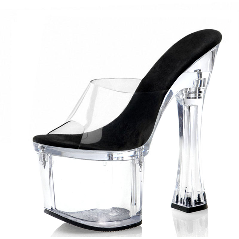 Model Thick-Soled One-Piece Crystal Chunky Heel Sandals 18cm Ultra-High Heels Wine Glass Heel Platform Women's Sky-High Heels