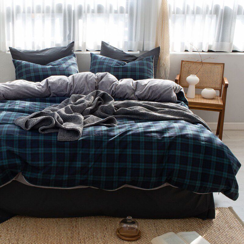 Aika Korea Quilt Cover Bed Ink Green Square Grid Pillowcase Quilt Cover Kit Autumn Winter Warm Short Suede