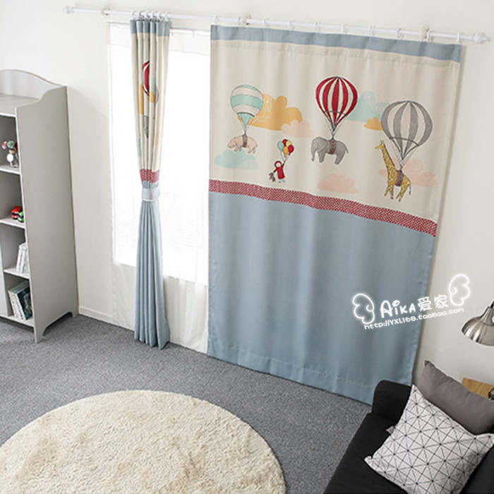 Aika Love Home Korean Cartoon Zoo Giraffe Elephant Hot Air Balloon Blue High Shade Finished Curtains