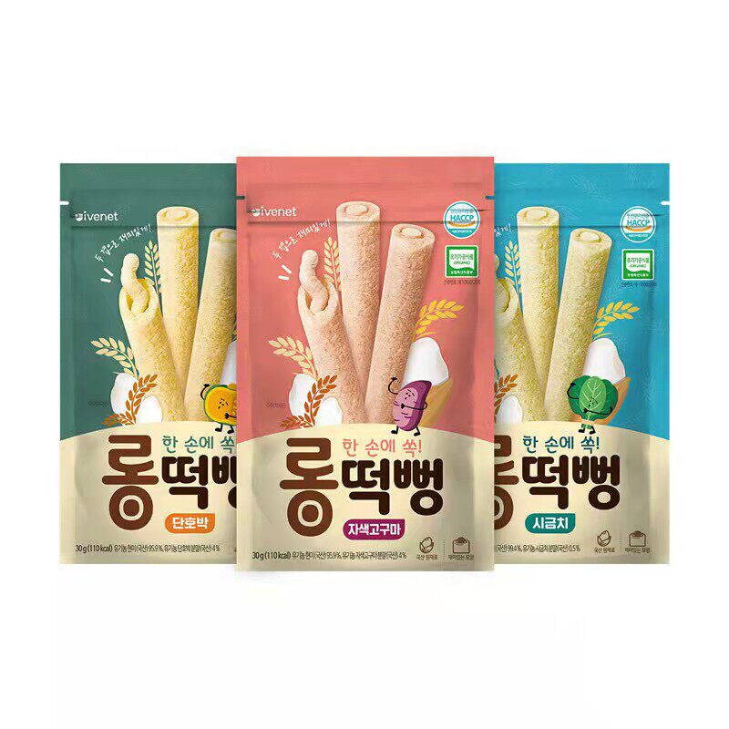 Korean Aveel long rice cake baby food snack pumpkin purple potato spinach choose one