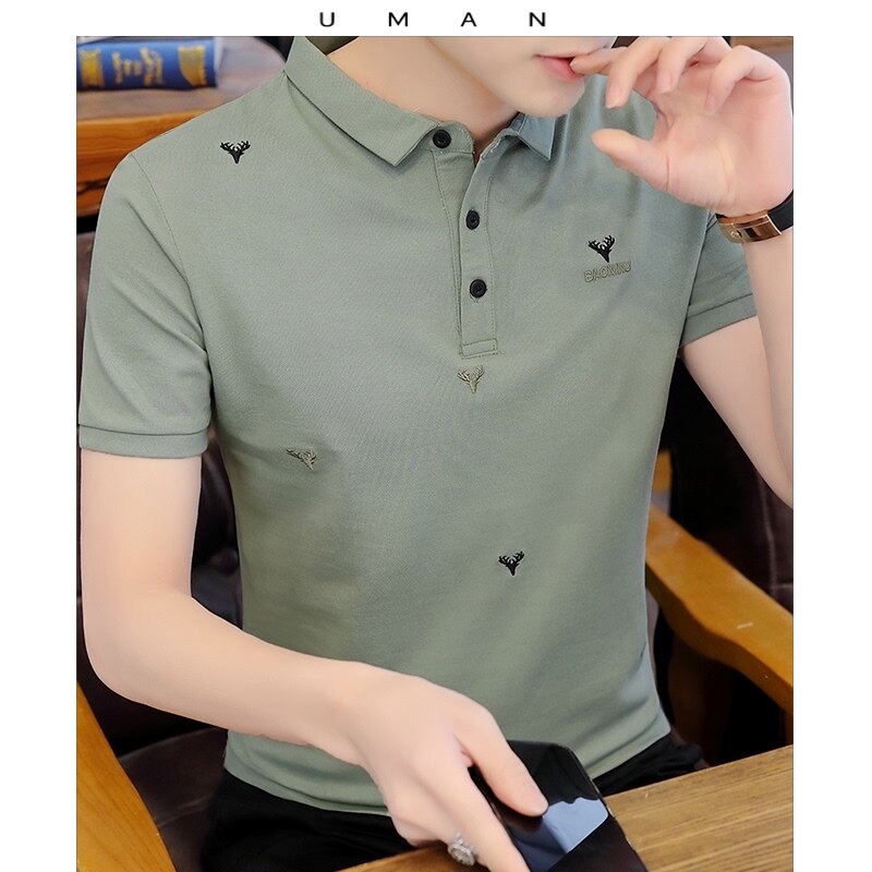 2021 summer handsome Polo shirt short sleeve men's fashion brand slim lapel T-shirt deer head embroidery T-shirt half sleeve handsome