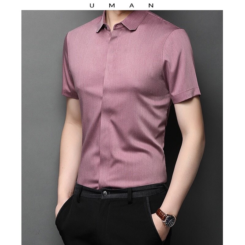 New breathable short-sleeved shirt men's summer thin slim-fit no ironing inch shirt high-end business five-point sleeve shirt solid color