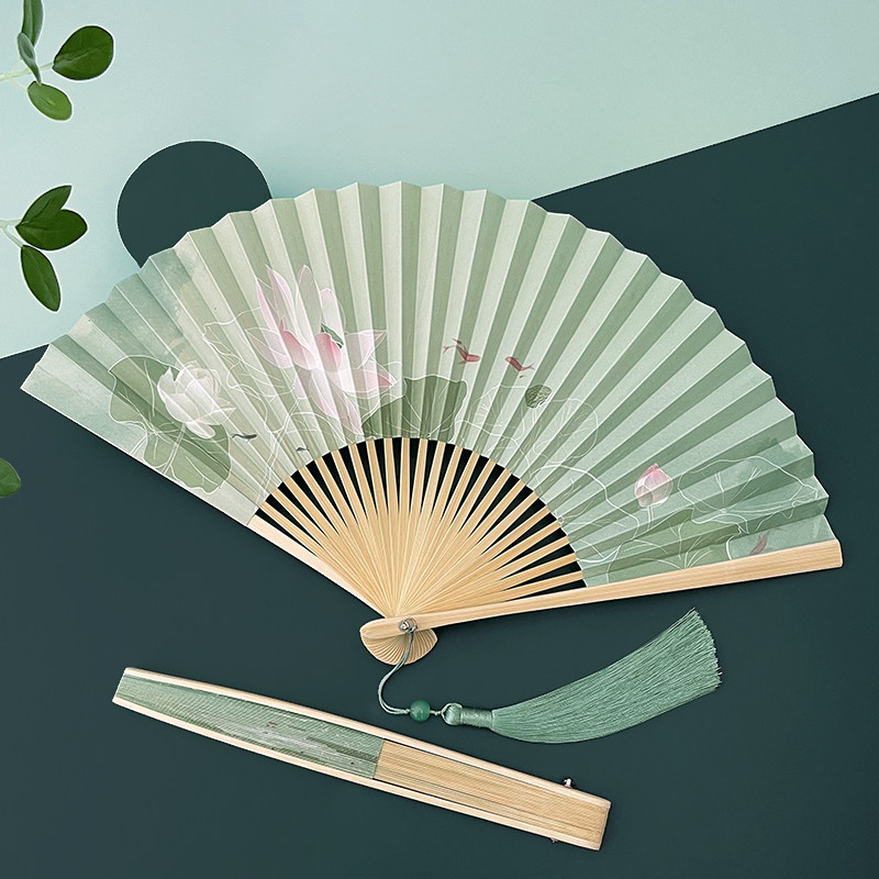 中国风双层穿面青绿色折扇古风竹骨纸面随身扇子七寸-Taobao-Tmall