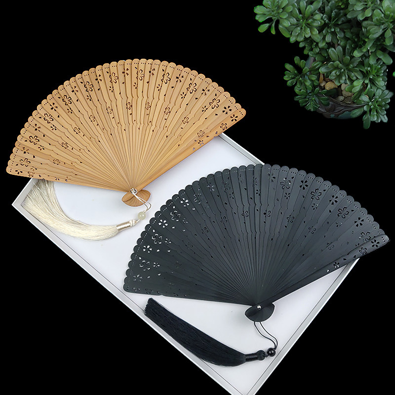 Full Bamboo Folding Fan Ancient Wind Female Style Fan Day Style And Wind Cherry Blossom Hollowed-out Folding Fan with Classical Black Dance Fan