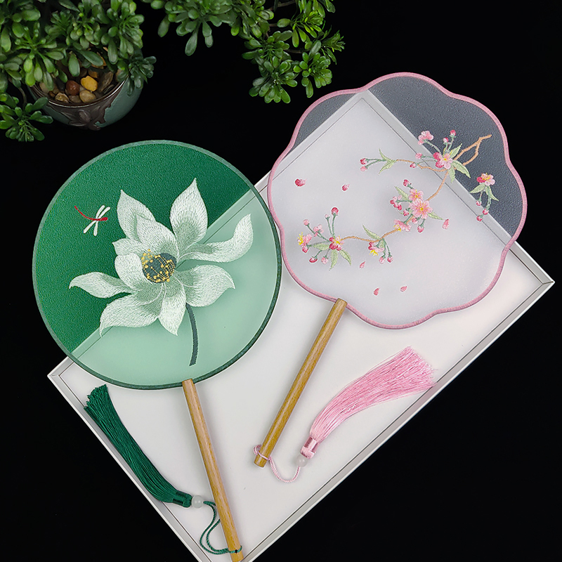 Embroidery Group Fan China Vintage Ancient Clothing Hanfu Qipao Gufeng Long Handle Flow Suxian Crane Lotus Eight Petals Round Fan