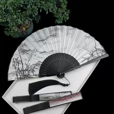Fan folding fan Chinese style ancient style portable summer ancient Hanfu men and women head green bamboo silk folding fan big tassel