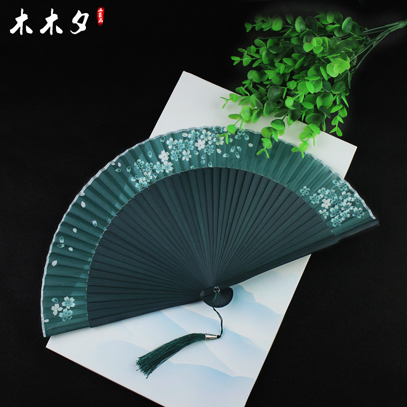 Women's folding fan Summer fan Chinese style green purple Japanese style ancient style Cherry blossom folding fan Hanfu folding small fan