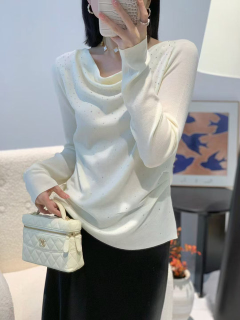 Xiaoxiangfeng Swing Collar Pleated Rhinestone Sweater Women's Korean Style Versatile Gentle Temperament Long Sleeve Top Slimming Bottoming Shirt