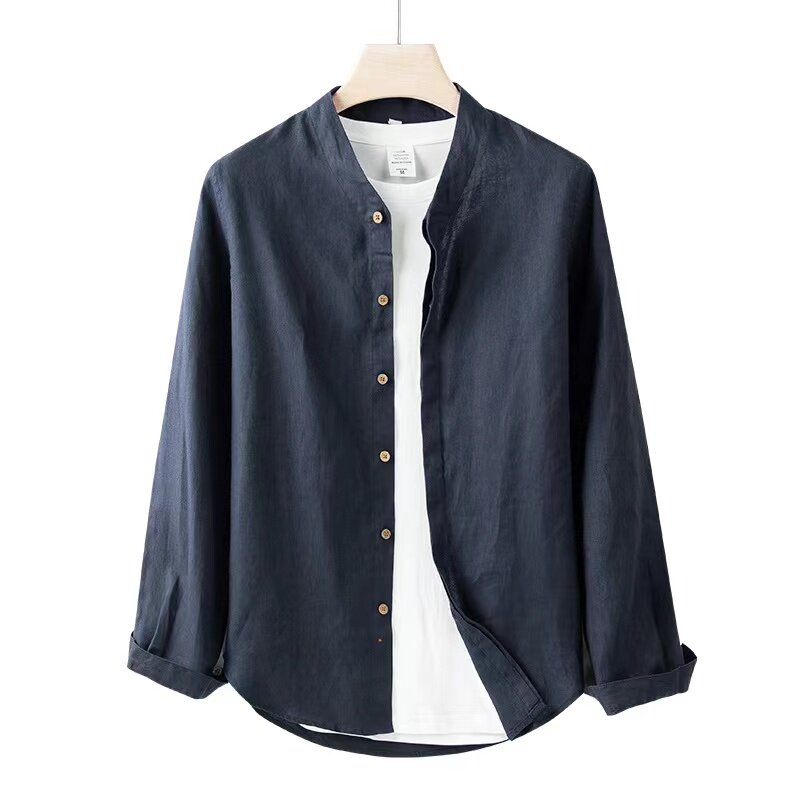 春夏向け、100%リネン素材のスタンドカラー長袖シャツ。日本のレトロカジュアル、襟なし、ゆったりとしたVネックシャツ。