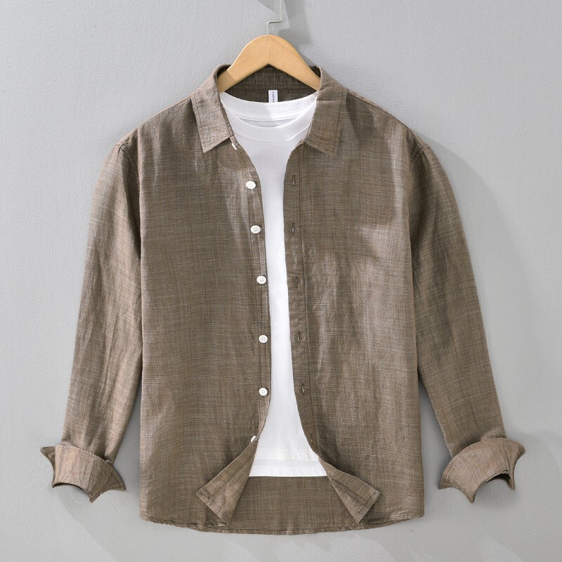 Yarn-Dyed Spring and Summer Business Casual Linen Long-Sleeved Shirt Men's Basic Square Collar Lyocell Loose Shirt
