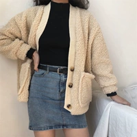 Mùa thu và mùa đông lỏng lẻo V-cổ ngực đơn dễ thương sang trọng cashmere lông cừu túi ngắn áo khoác nữ 8372 áo kiểu nữ