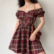 GoGirlGo homemade retro cute retro dress puff-sleeve plaid dress for women with high waist and large hem skirt A-line