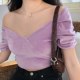 Go Girl Go Homemade European and American Purple V-neck Puff Sleeve Short T-Shirt Women's Slim Fit Cropped Navel Top Slightly Fat and Wearable