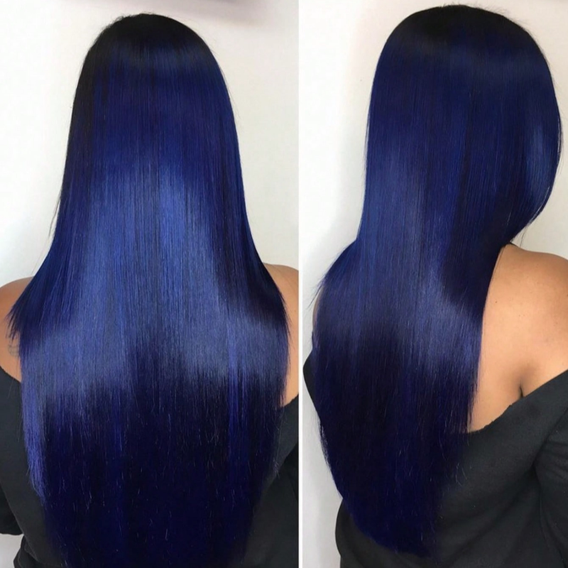 Black and Blue Natural Face-Framing Large Lace Parting Long Straight Hair Wig for Women, High-Temperature Fiber Front Lace Comfortable Wig