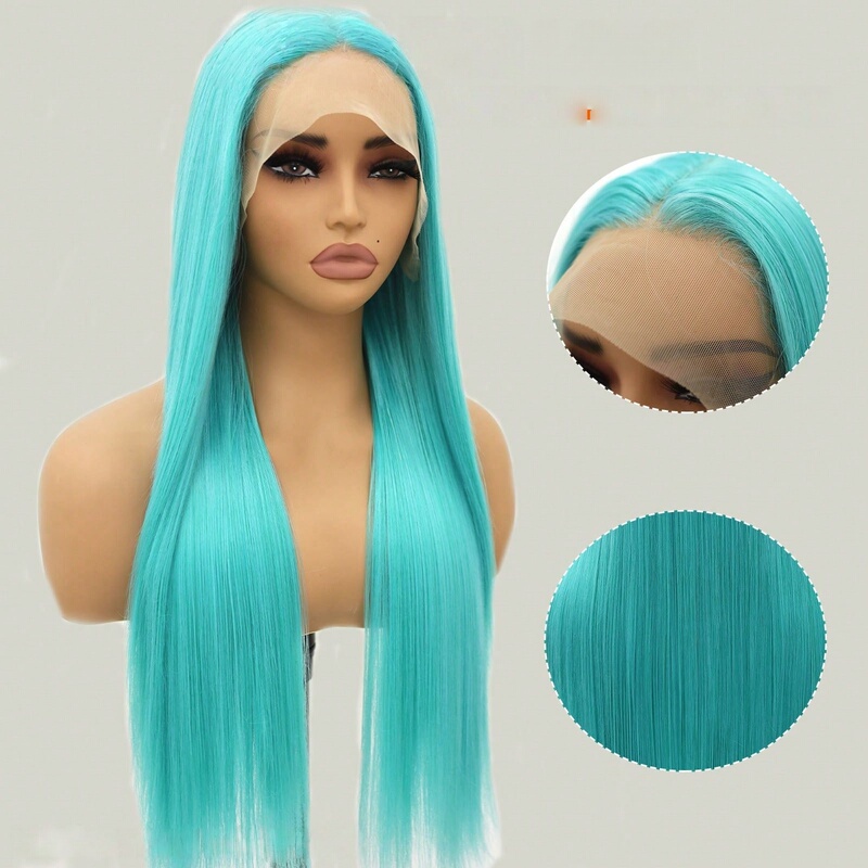 Cosplay Medium-Length Hair, Realistic Lake Blue Fashion Wig with Middle Parting, Long Straight Hair, High-Temperature Fiber, Front Lace Full Wig for Women