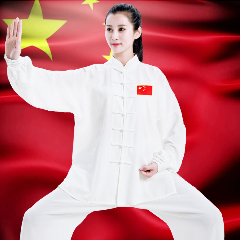 National Flag Embroidered Tai Chi Clothing Women's New Flutter taijiquan Martial Arts Women's Group Performance Suit Summer White