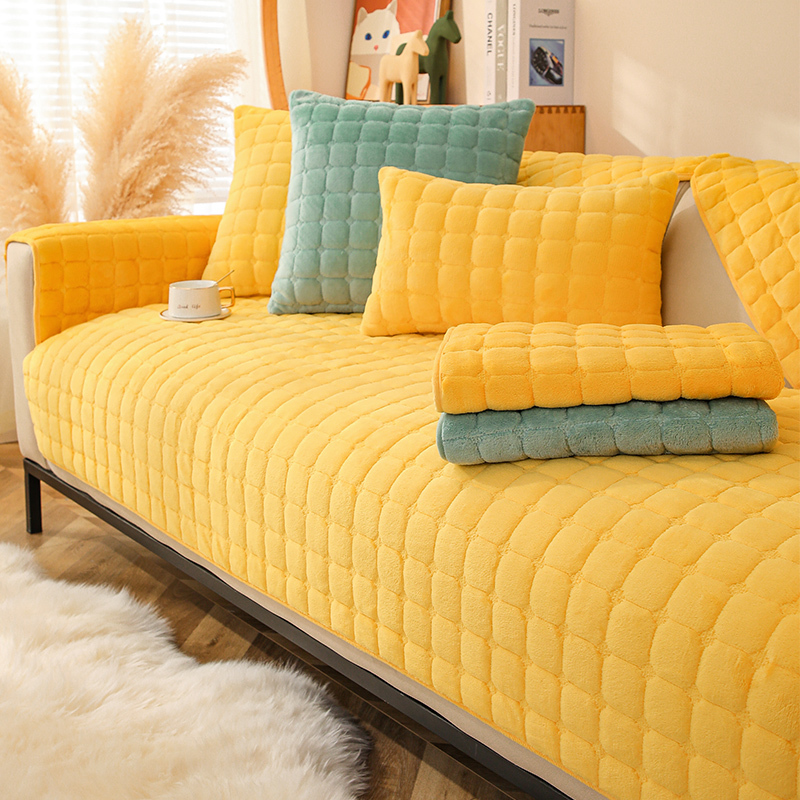 Stuffed Sofa Cushion, Autumn and Winter Style, Non-Slip, Simple Pure Color Seat Cushion, Flannel Sofa Cover, Short Velvet Seat Cushion