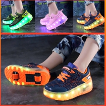  With lights autumn and winter breathable runaway shoes childrens single and double pulley shoes boys and girls explosive shoelaces wheel deformation shoes