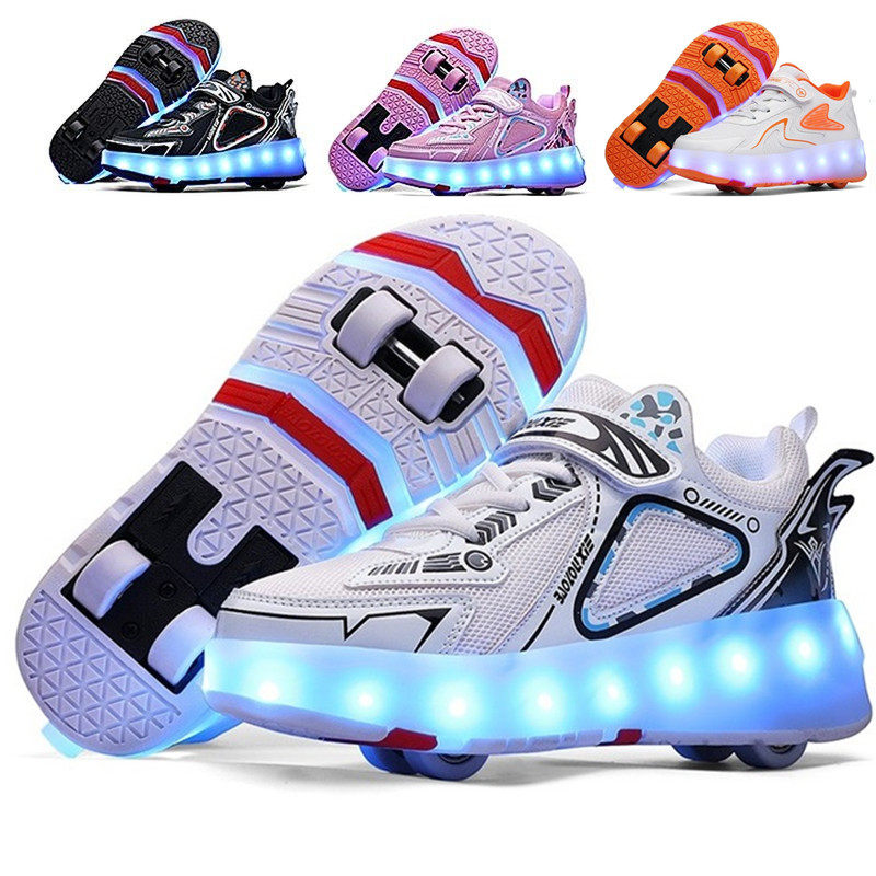 Net Red Storm Walking Shoes Children Boy Adults Pulley Shoes Students Deformation Shoes Double Wheels Skate Girl Four Wheels Shoes