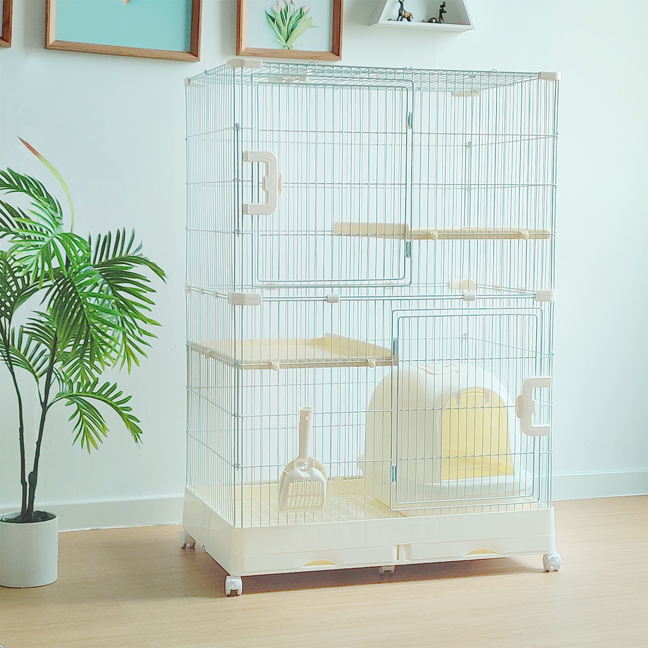 Laserge Pet Cat Cage Mink Extra-large Free Space Indoor Triple Cat Villa home small flower Branches Rat