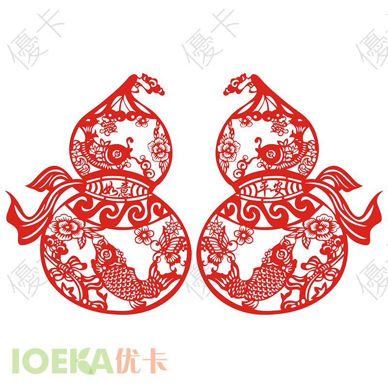 Auspicious Ping An Ruyi Fulu gourd cut paper window flower applique with glass decoration sticker (Ruyi gourd) CH0709