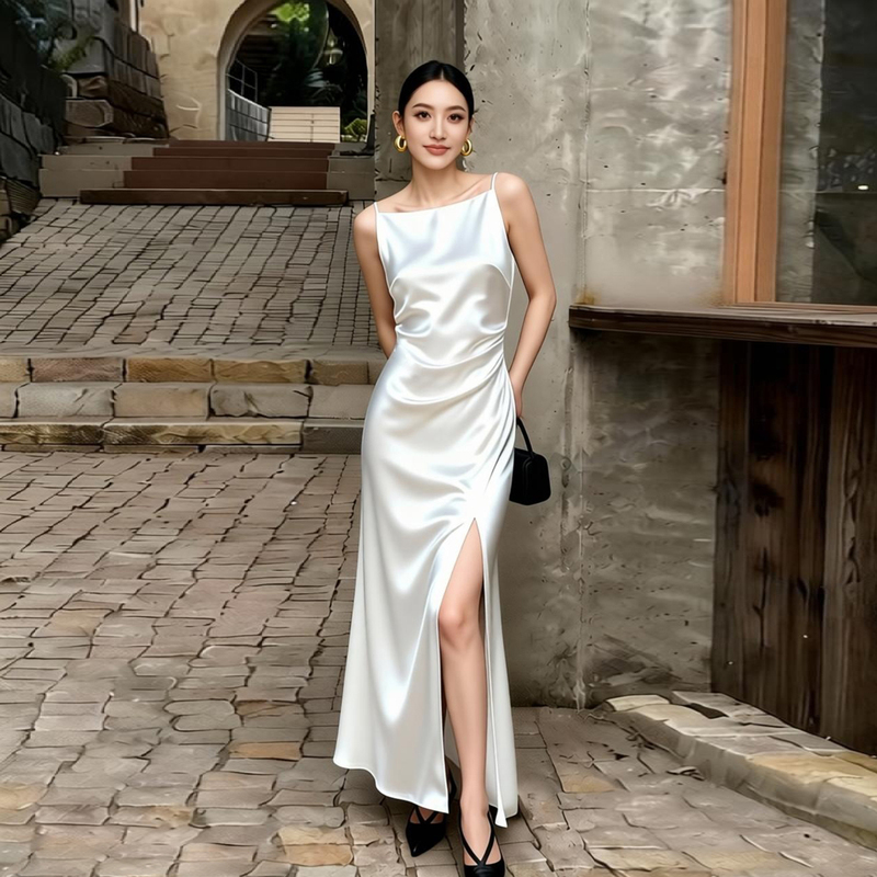 2026 New Style Super Beautiful Spaghetti Strap Dress, Triacetate Satin High-End Off-Shoulder White Dress with Slit 2026 New Style Super Beautiful Spaghetti Strap Dress, Triacetate Satin High-End Off-Shoulder White Dress with Slit