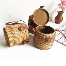 Vietnamese Pure Artisanal Autumn Rattan Weaving Wedding Holiday Parent-child Retro Mini Beach Bucket Small Round Inclined Cross Pack New Pint