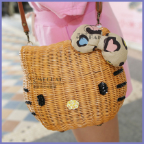 ins parent-child pure craft cane woven hand carrying recessed styling kitty cat single shoulder inclined cross-pack female heat pin new product