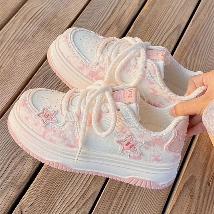 Pink Thick-Soled Star Loafers for Women 2025 Summer New Chic Niche Design Breathable Sports White Shoes Pink Thick-Soled Star Loafers for Women 2025 Summer New Chic Niche Design Breathable Sports White Shoes