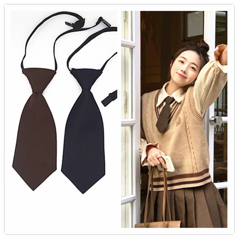  Trendy Solid Color Short Casual No-Knot Tie for Girls Coffee Color Mini Student Tie Black