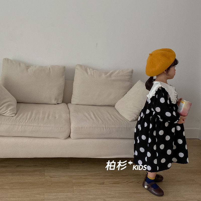 Korean children's clothing 2022 spring and autumn new girls' dresses small and medium-sized children's baby loose polka dot skirt lapel retro skirt