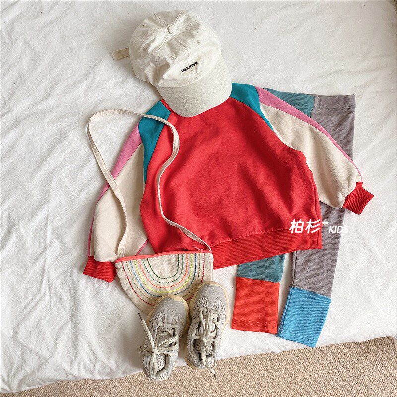 Korean children's clothing 2022 spring and autumn children's contrast color stitching thick T-shirt suit girls baby cotton terry top ~ trendy