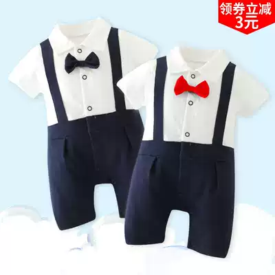 Baby children summer cotton short sleeve baby jumpsuit men and women Baby bow tie 100 days old dress climbing suit newborn