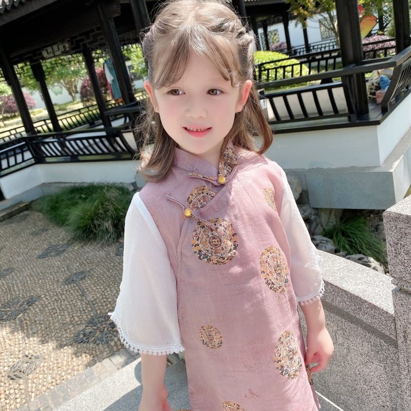 Girls' mid-sleeve light and thin hemp cheongsam 2022 summer clothes children's baby improved stitching Chinese style dress