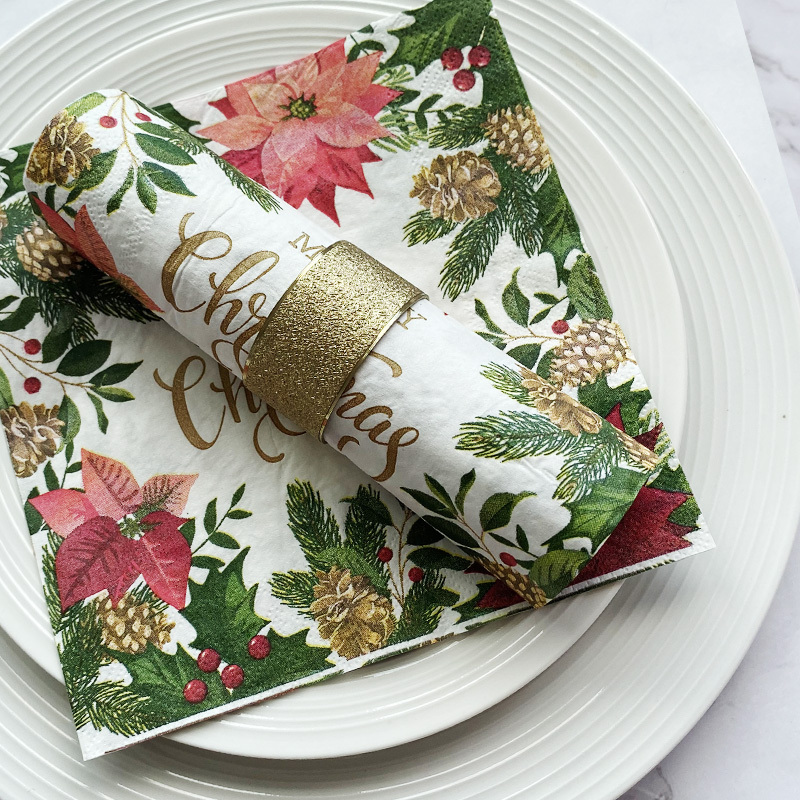 2 Layers of 20 Colorful Printed Napkins Christmas Themed Square Napkins Banquet Party Christmas Holly Flower Napkins