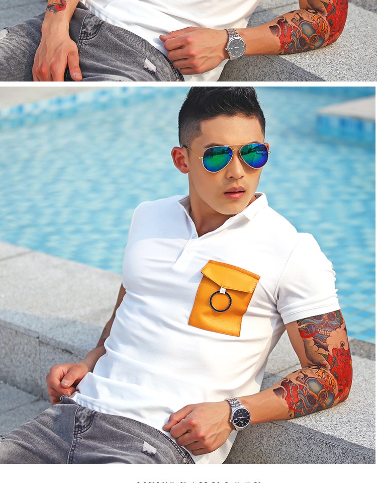 Mùa hè 2018 mới màu tương phản túi hoop áo polo ngắn tay nam Slim cotton co giãn POLO thể dục nam shop bán áo thun nam có cổ