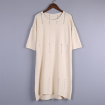 Ice wire knitted dress in sleeve hollow knitting dress female autumn loose sleeve head round neck bottom skirt C 2 - 1