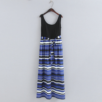 Strip Splicing sleeveless vest dress Summer New Round collar long drag dress R 2 - 2