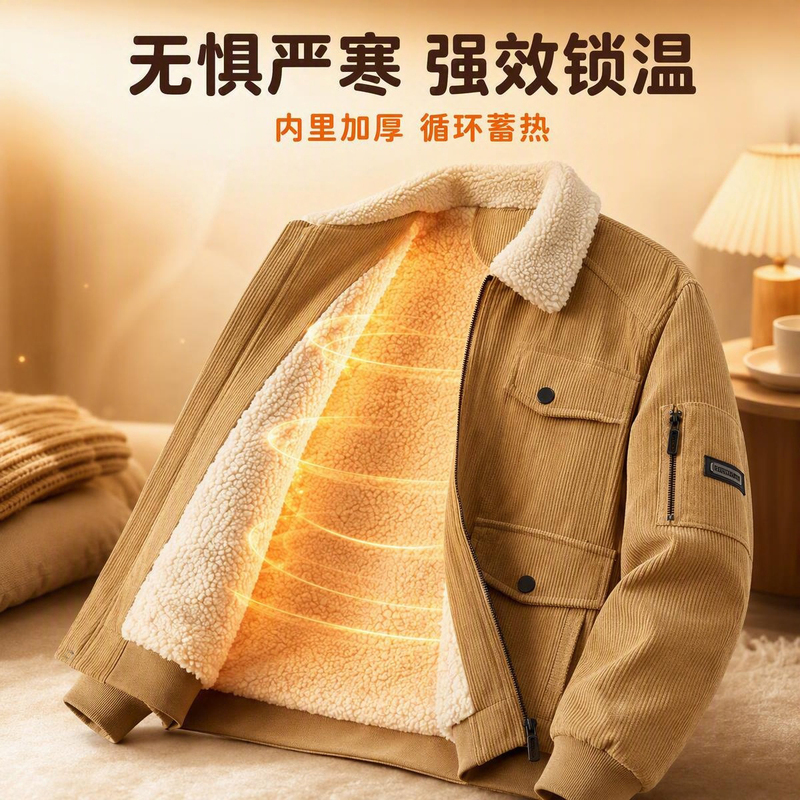 Winter Cotton Coat with Fleece Lining, Thickened Cotton Jacket, Warm Lamb Wool Workwear, Multi-Pocket, Turn-Down Collar, Middle-Aged and Elderly Men's Jacket