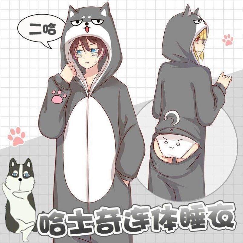 Autumn and winter cartoon cute and funny Erha Shiba Inu long-sleeved one-piece pajamas for men and women COS two-dimensional corgi home clothes