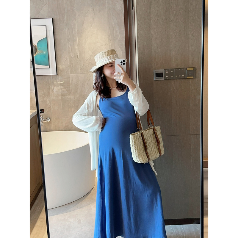 Mj Maternity Wear Summer French Style Camisole Dress with Breast Pads, Long Skirt + Knitted Sun Protection Shirt Two-Piece Set