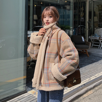 2019 winter clothing new Korean version stand collar lamb wool plaid wool coat stitching plush motorcycle clothes cotton clothes womens tide